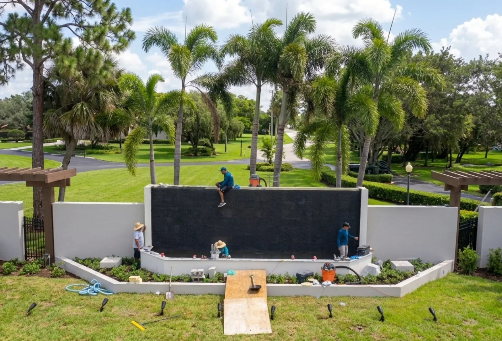 Custom water wall feature under construction | FDS Pools