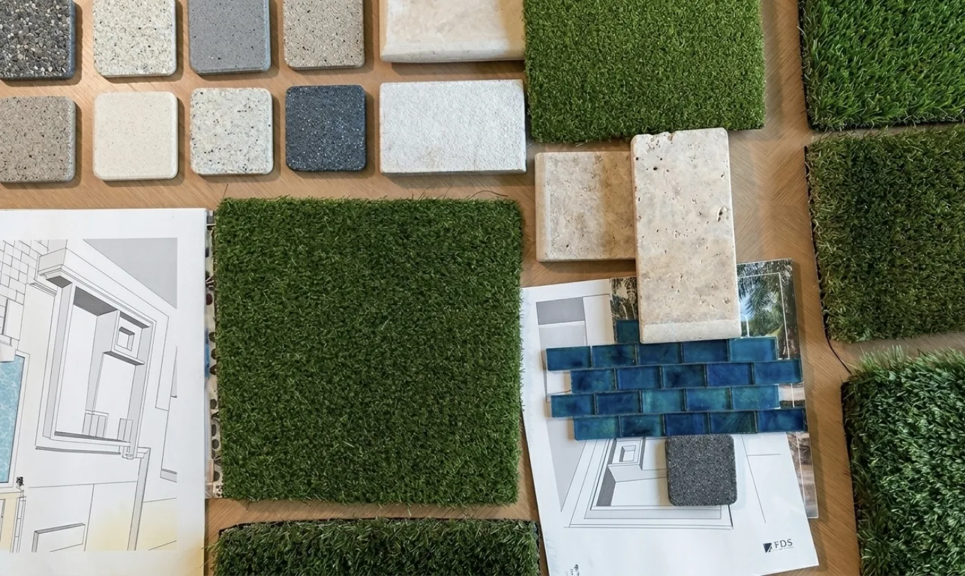 Pool design — travertine, paver and mosaic tile samples | FDS Pools